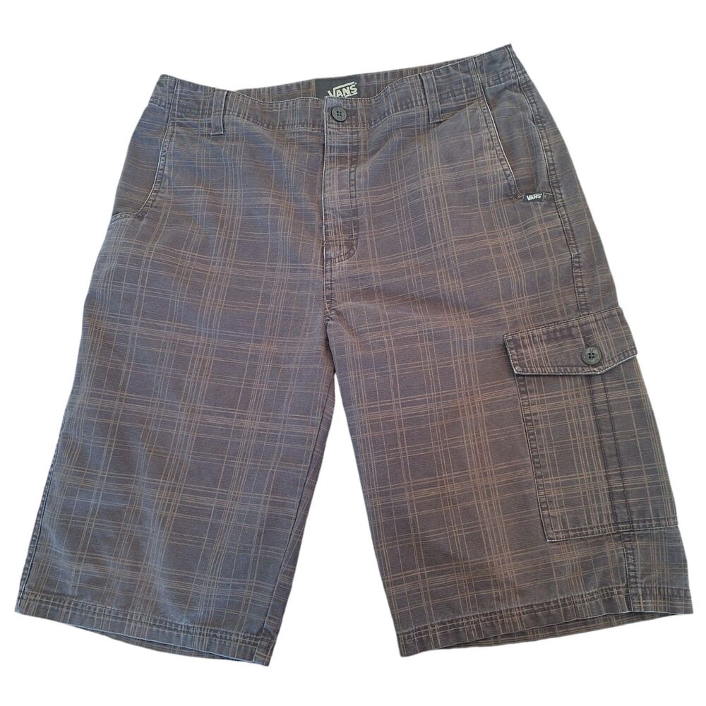 Vans Cargo Shorts Mens 32 Chocolate Brown Plaid Cotton Y2K 13 inch Inseam